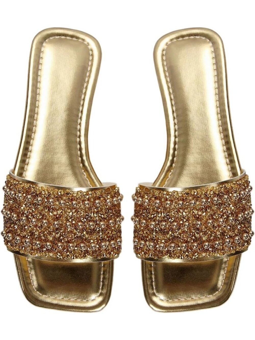 Women's Gold Sparkly Square Toe Rhinestone Jeweled Flats Pearl Boho Summer Shoes